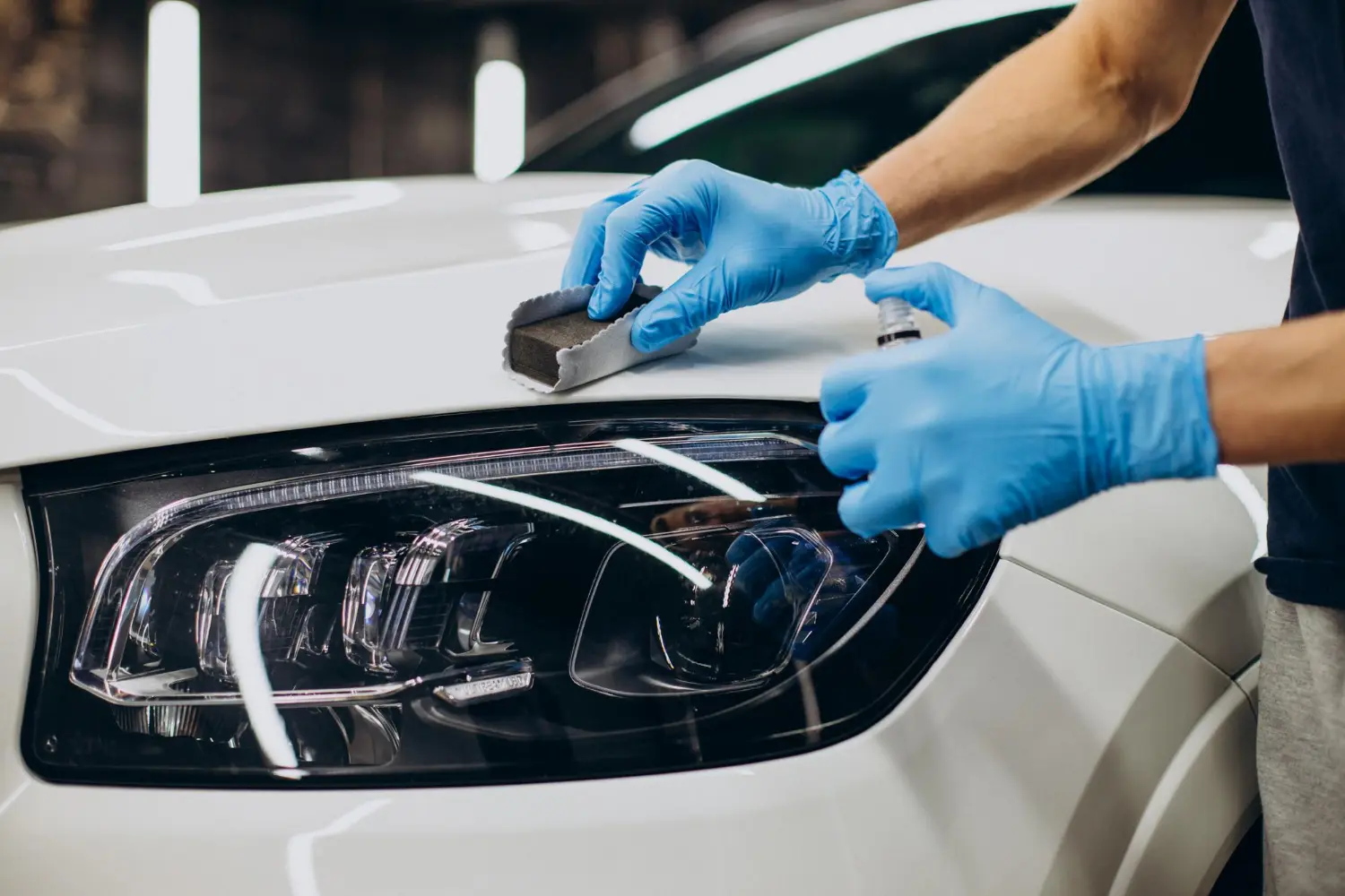 A professional detailer in blue gloves applying car paint protection coating to the hood of a white luxury vehicle using a microfiber applicator block.