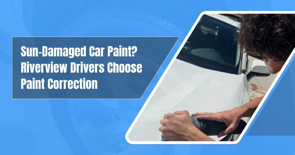 A professional detailer performing paint correction on a white vehicle, illustrating why paint correction is popular in Riverview for sun-damaged car paint.