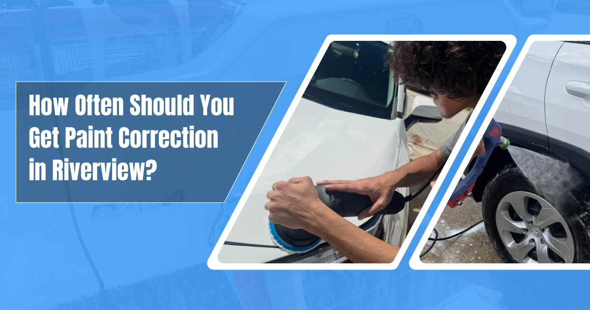 A professional detailer using a polisher on a car, a guide explaining how often should you get paint correction in Riverview for sun-damaged paint.
