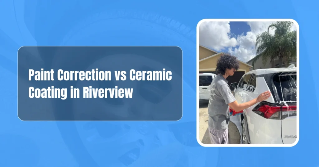 A guide comparing paint correction vs ceramic coating what works best for cars, featuring a professional detailer washing a white SUV in Riverview.