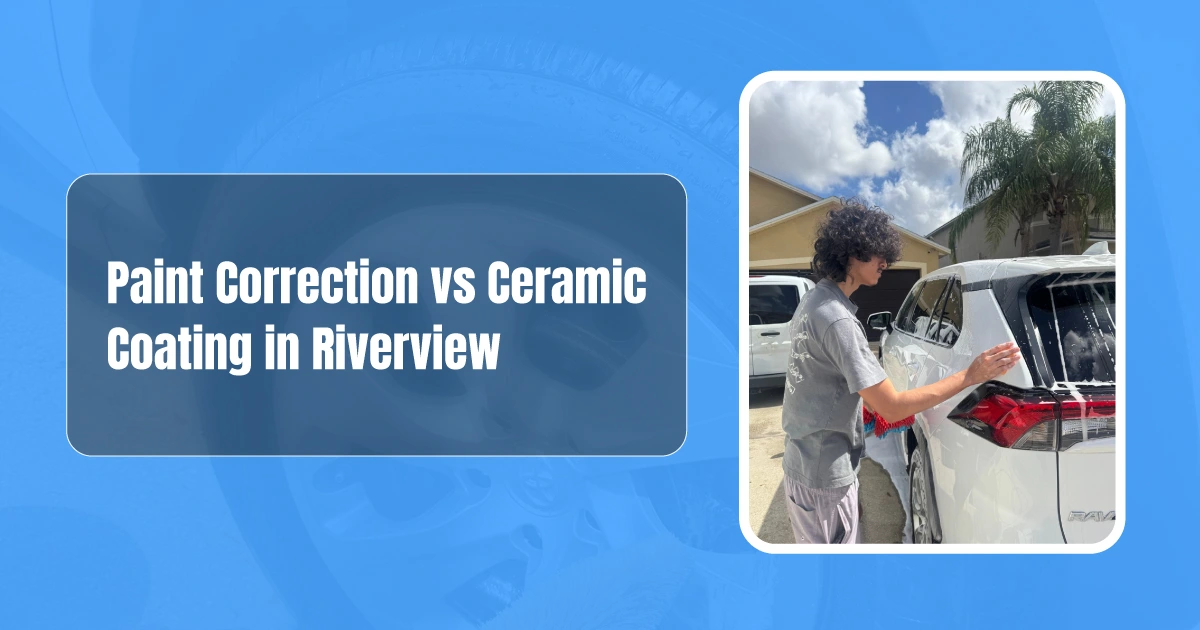 A guide comparing paint correction vs ceramic coating what works best for cars, featuring a professional detailer washing a white SUV in Riverview.